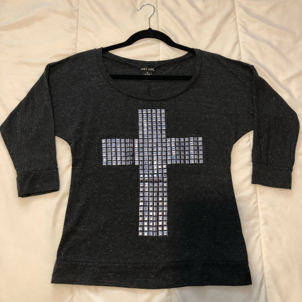 Wet Seal Studded Cross Gray 3/4 Sleeve Shirt M